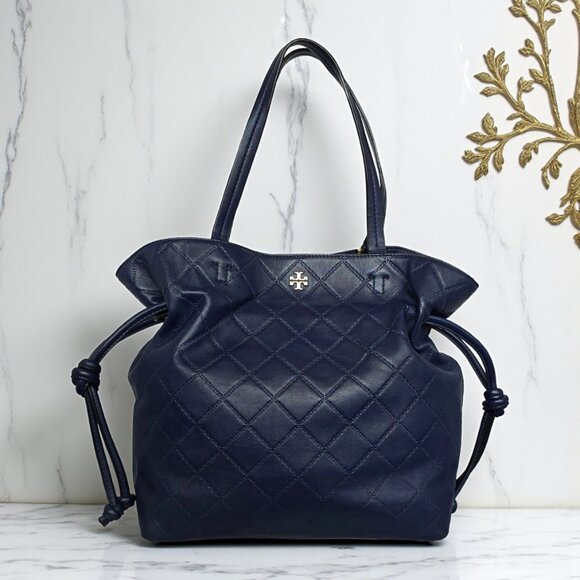 Tory Burch Georgia Quilted Leather Tote Navy Blue Slouchy Golden Hardware - Picture 17 of 17